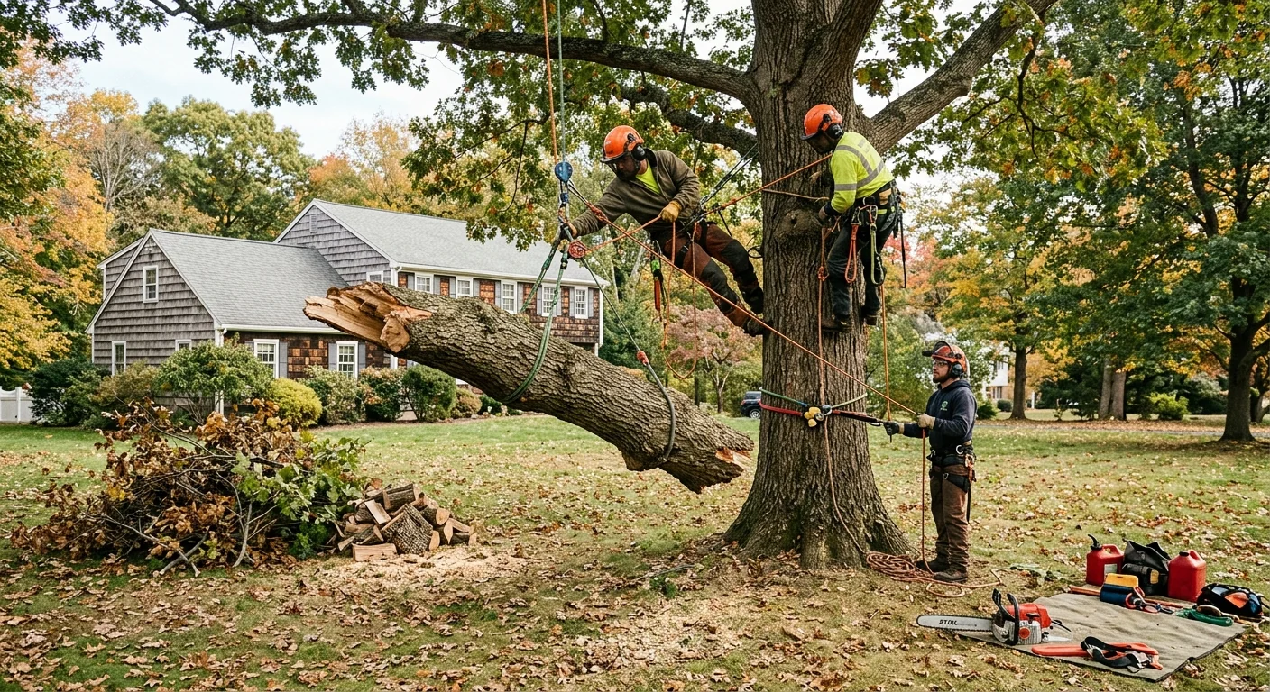 Arborist performing sectional lowering of a broken oak using rigging ropes