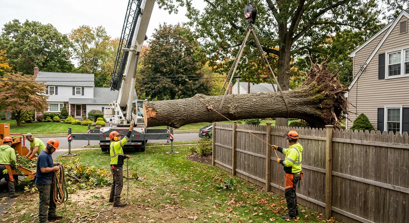 Crane lifting a heavy storm-toppled trunk over a fenced backyard