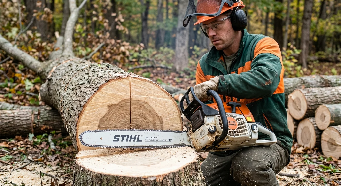 Close-up of a fresh chainsaw cut on a wind-thrown maple trunk