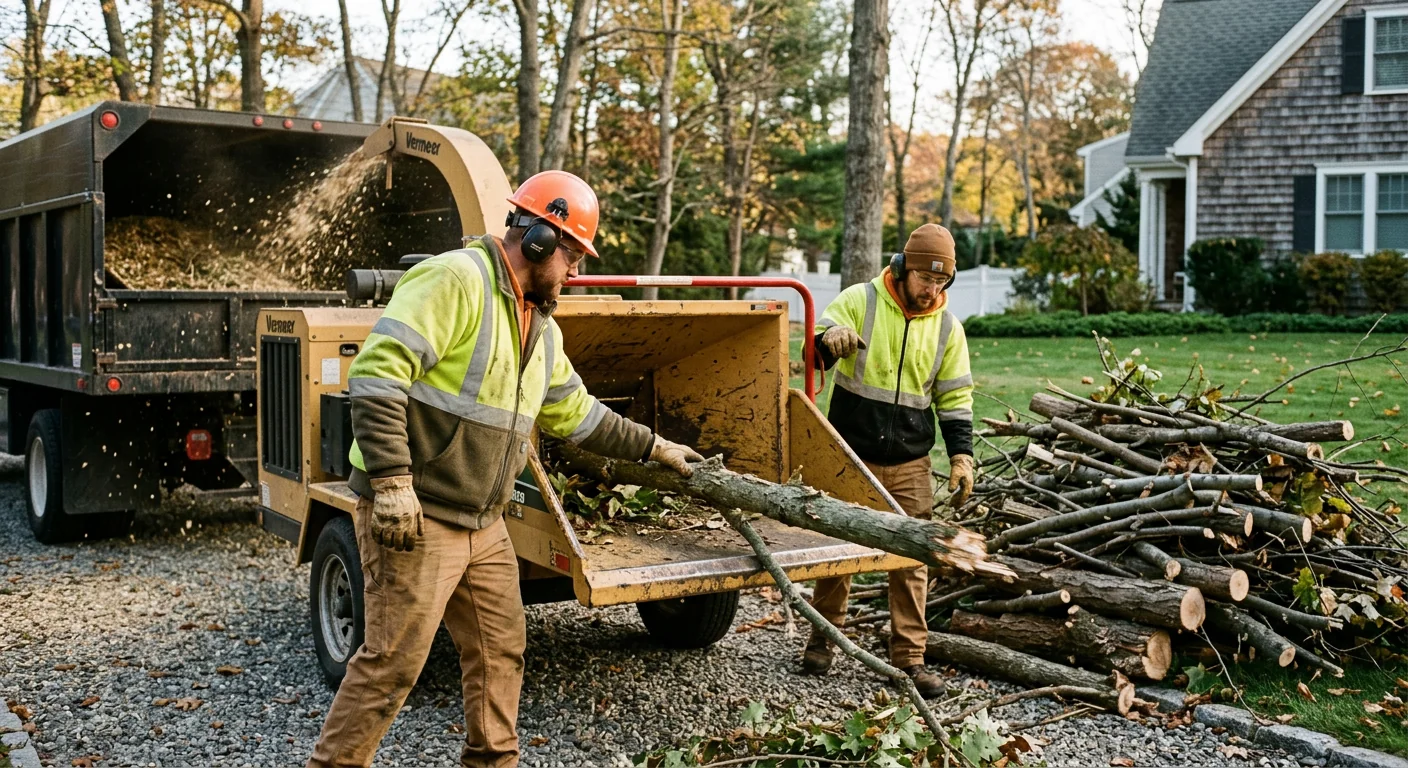 Wood chipper processing storm debris beside a stacked pile of branches