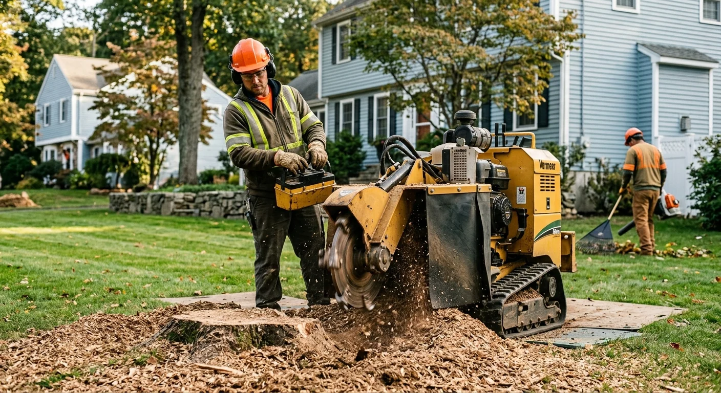 Stump grinder finishing the base of a removed storm-damaged tree