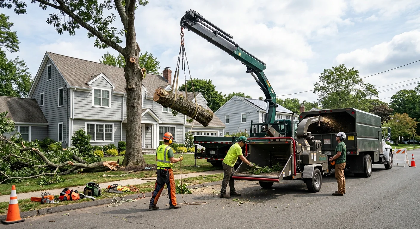 Crane-assisted removal of a large storm-damaged tree near a Shelton home