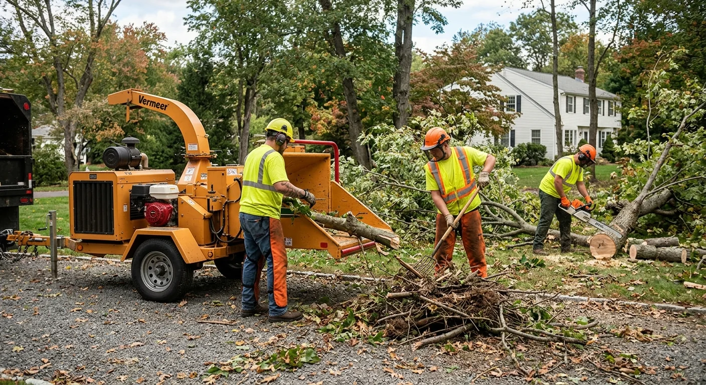 Crew clearing brush and debris after storm cleanup on a Shelton property