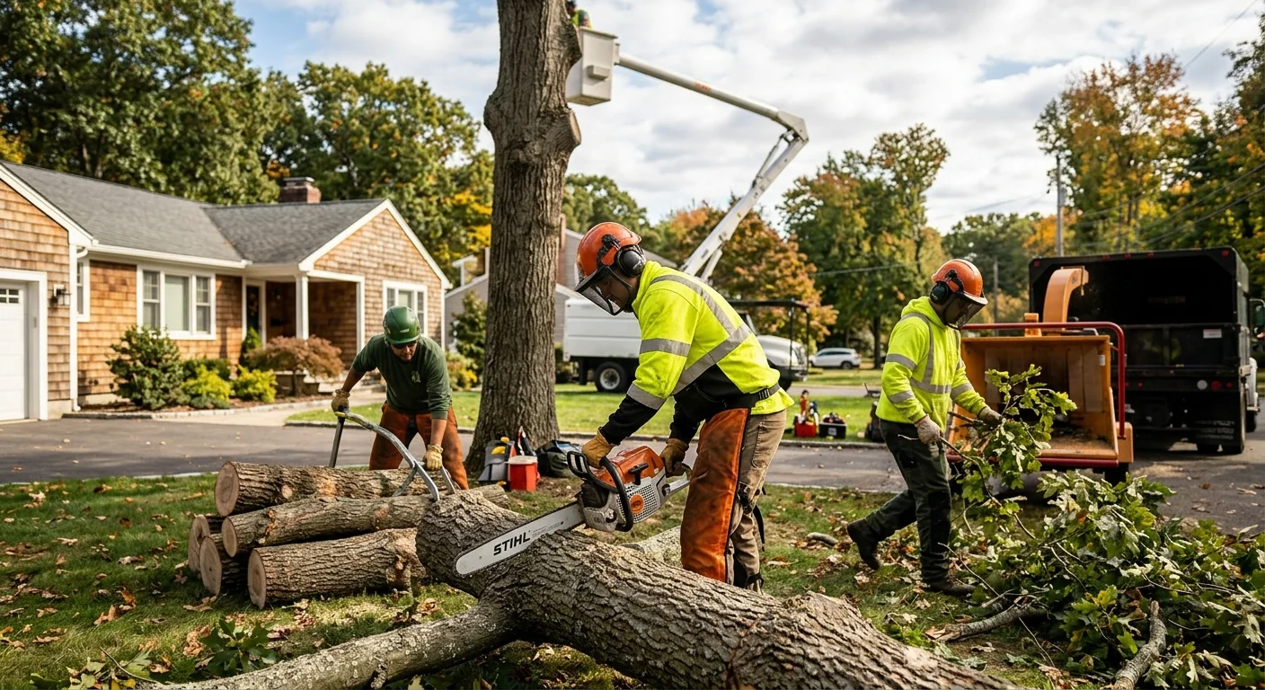 Operator grinding a hardwood tree stump below grade on a Shelton residential lawn