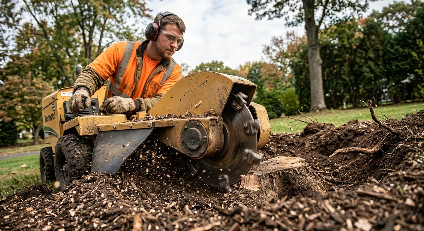 Close-up of a stump grinder cutting wheel removing a hardwood stump below grade