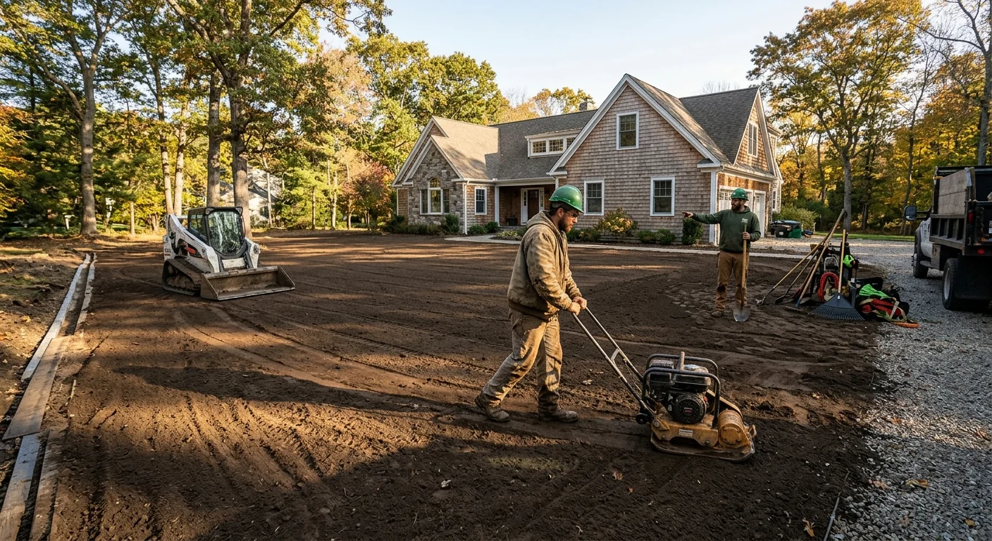 Wide shot of a Shelton backyard cleared of stumps with fresh graded soil