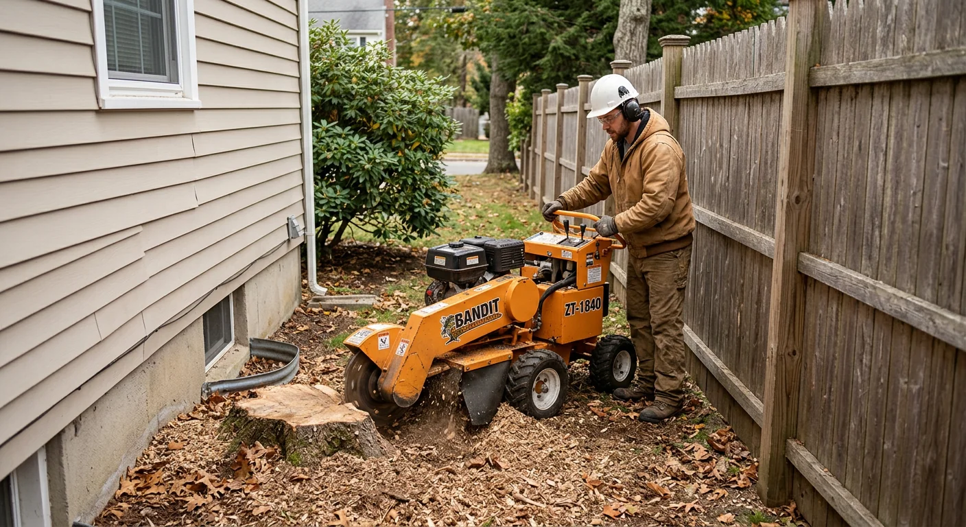 Compact self-propelled stump grinder working within a narrow fenced side yard