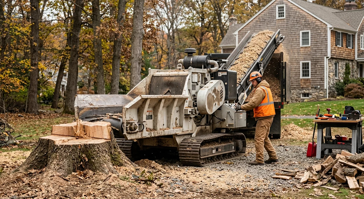 Tracked grinder in action reducing a large stump into wood chips