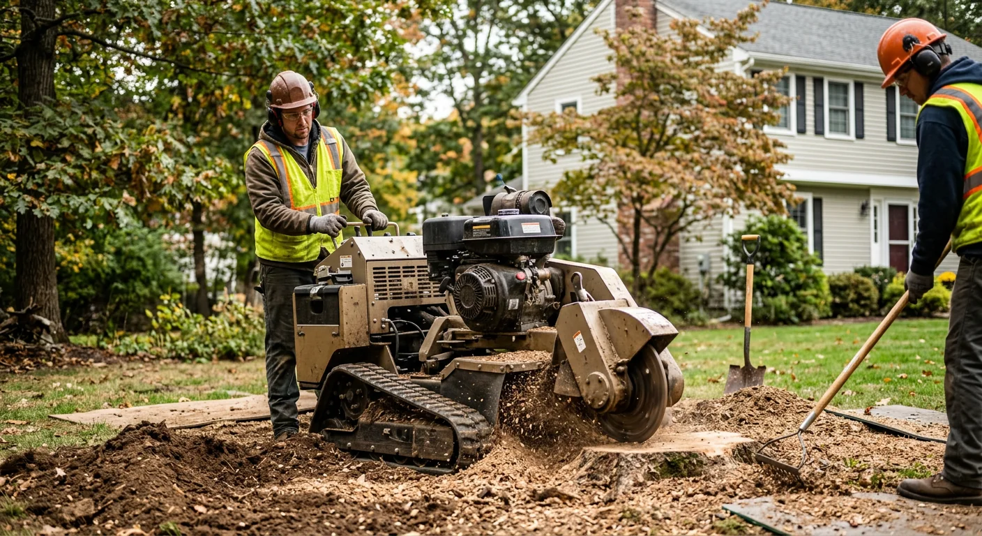 Crew grinding a large stump below grade with a track-mounted grinder in Shelton