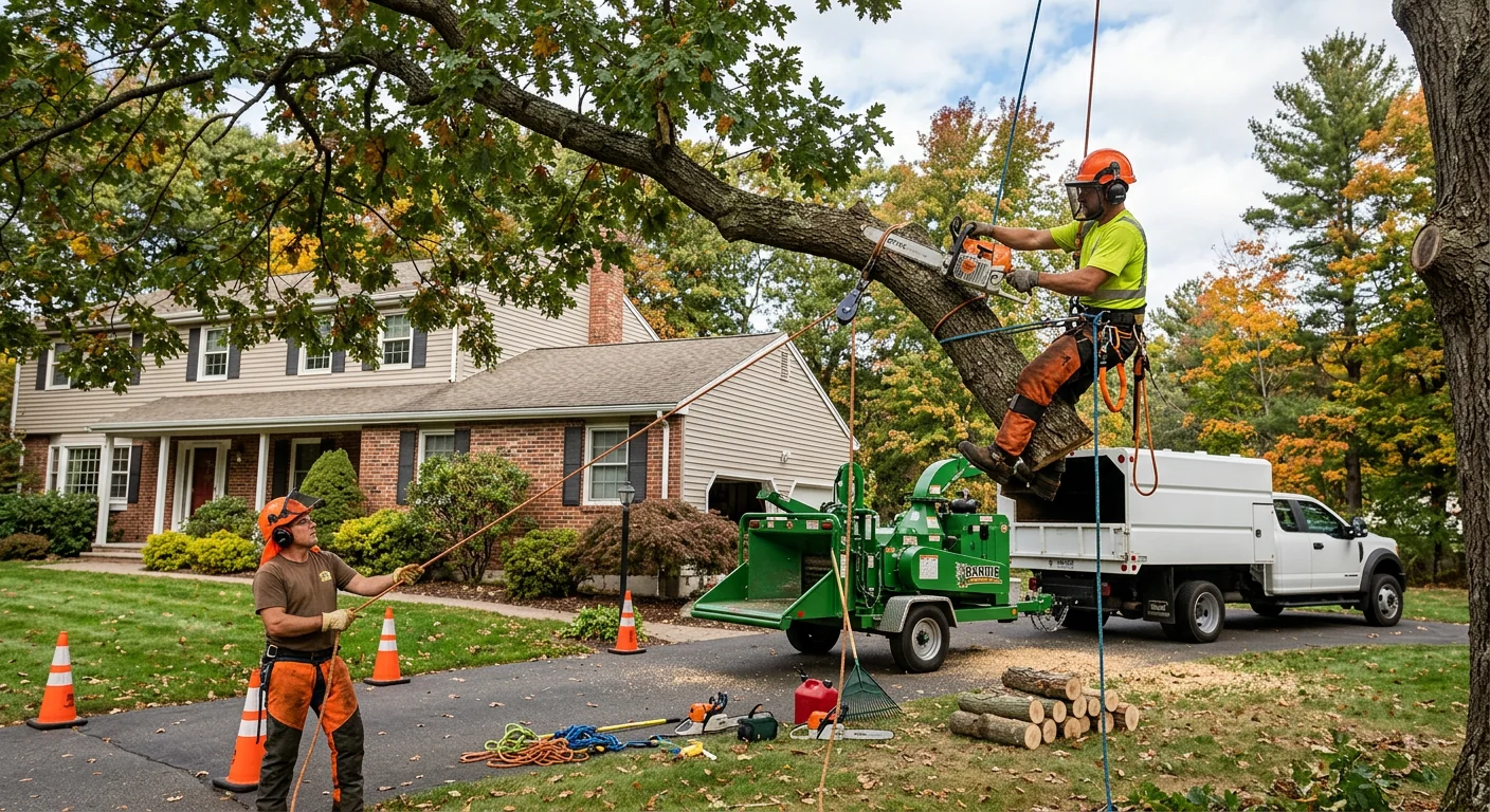 Arborist installing support cable high in a mature tree canopy in Shelton