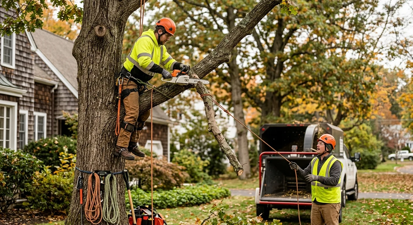 Arborist installing cabling hardware to support a mature tree in Shelton