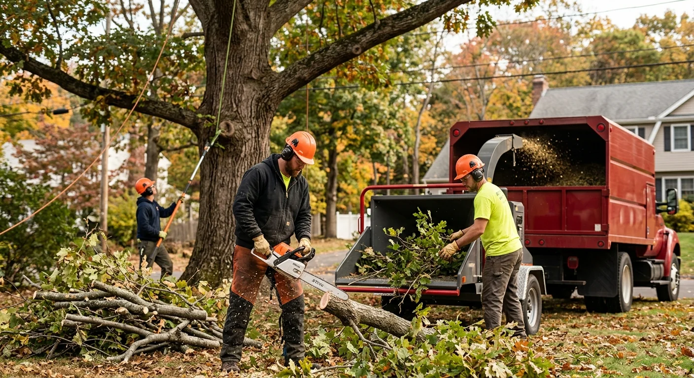 Arborist installing support cable in a mature shade tree on a Shelton property