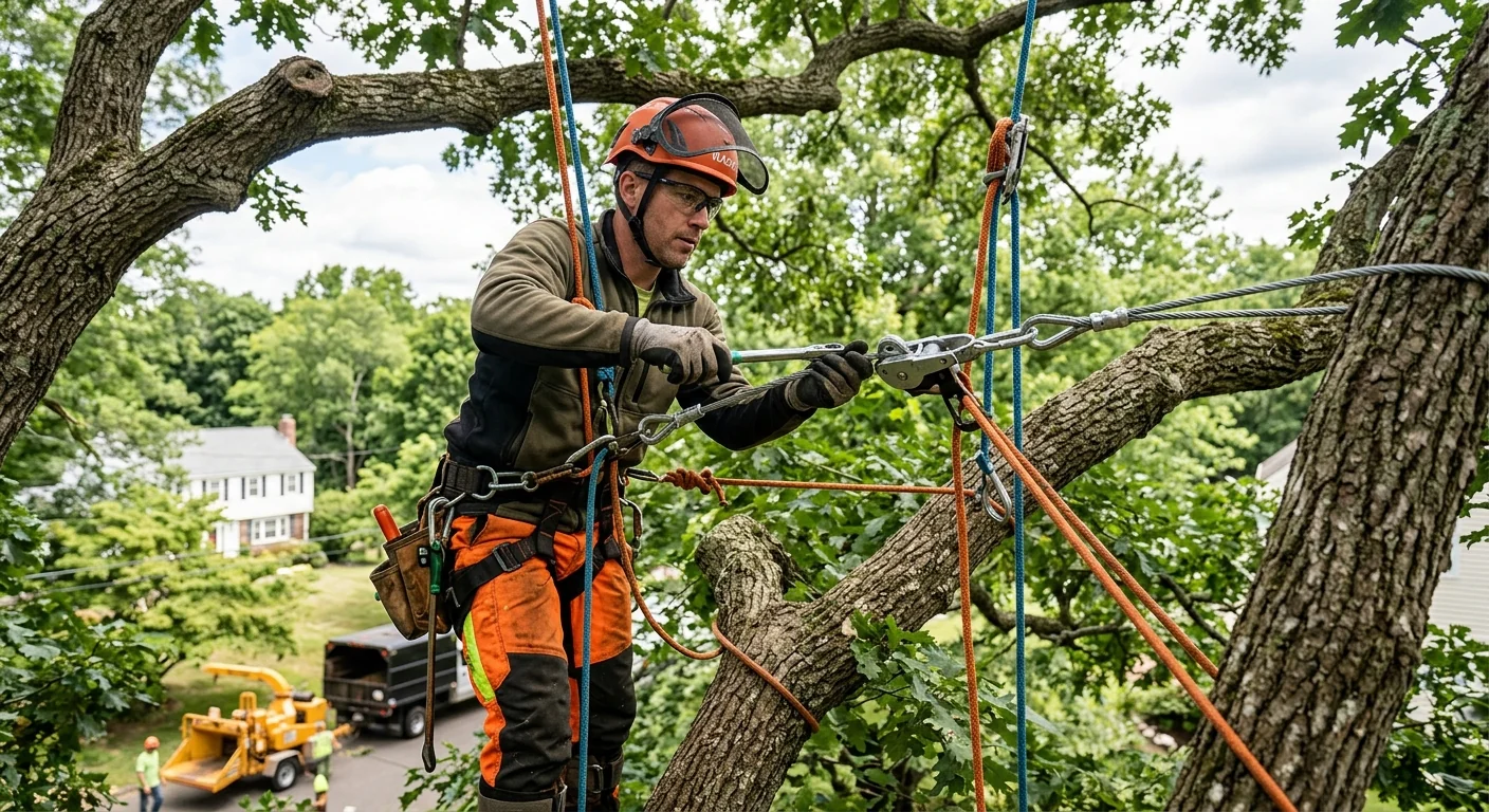 Arborist installing a steel support cable high in a mature oak canopy