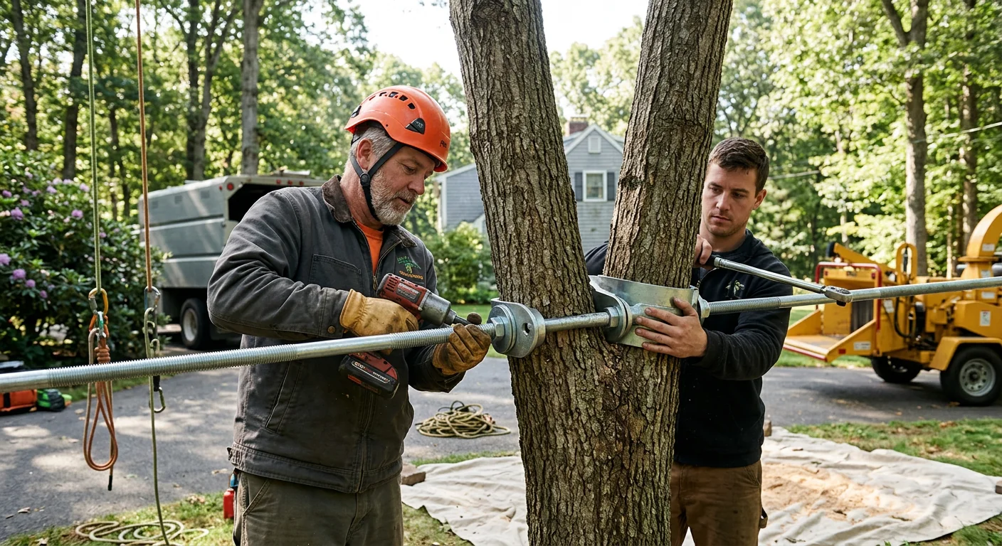 Threaded bracing rod secured through a split leader union on a large tree
