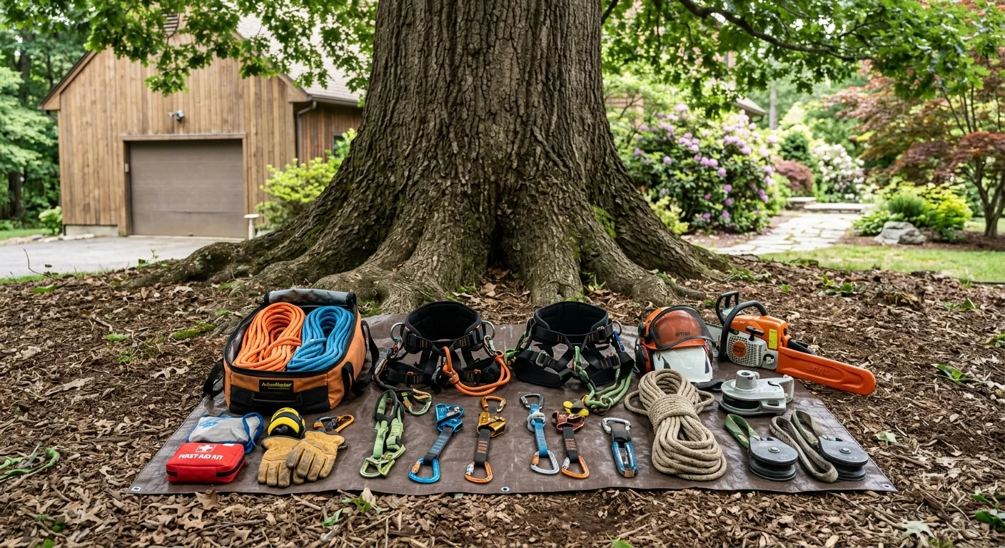 Rigging and climbing gear staged at the base of a large shade tree