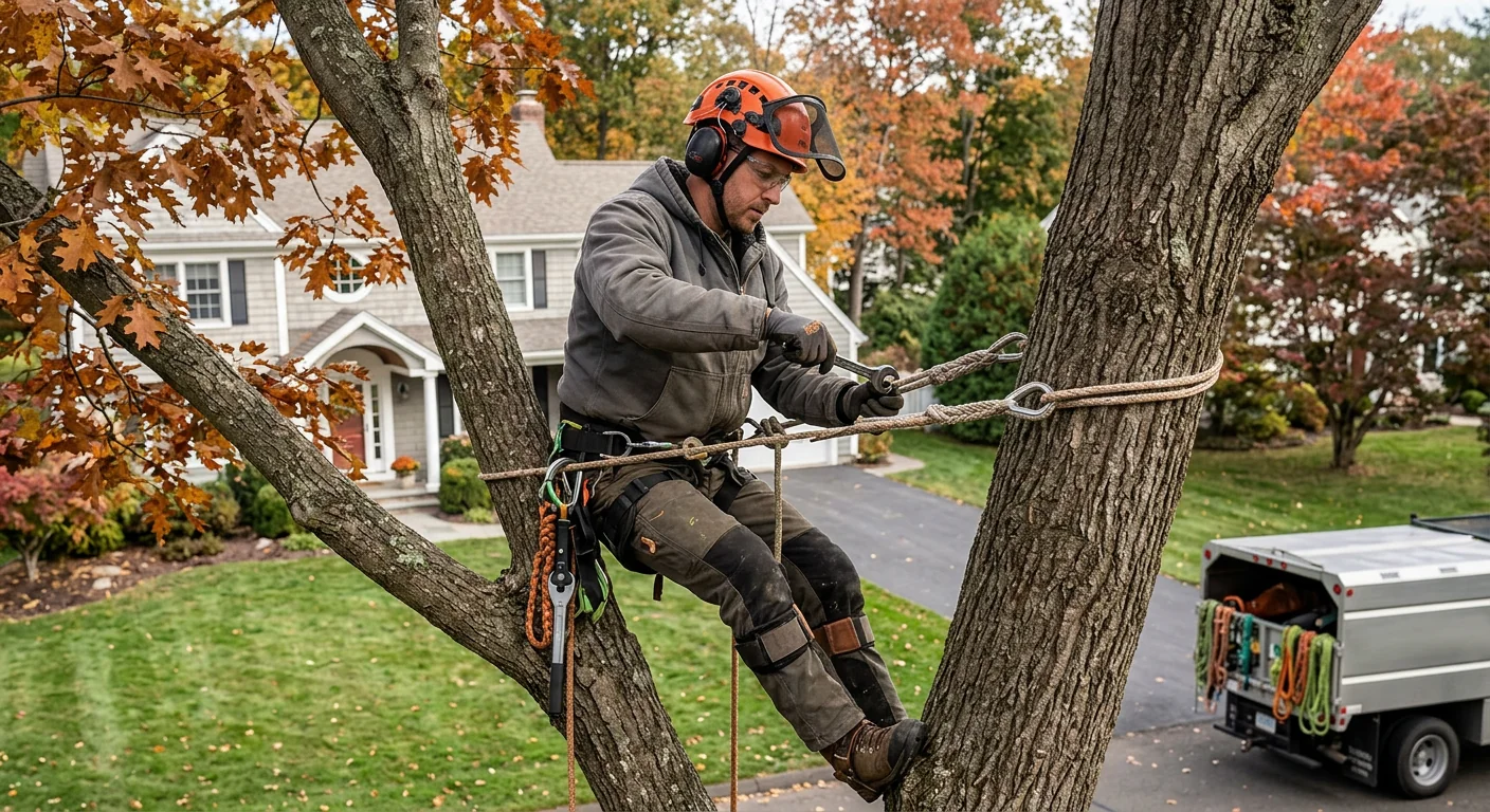 Cabling hardware secured across two co-dominant stems on a residential tree in Shelton