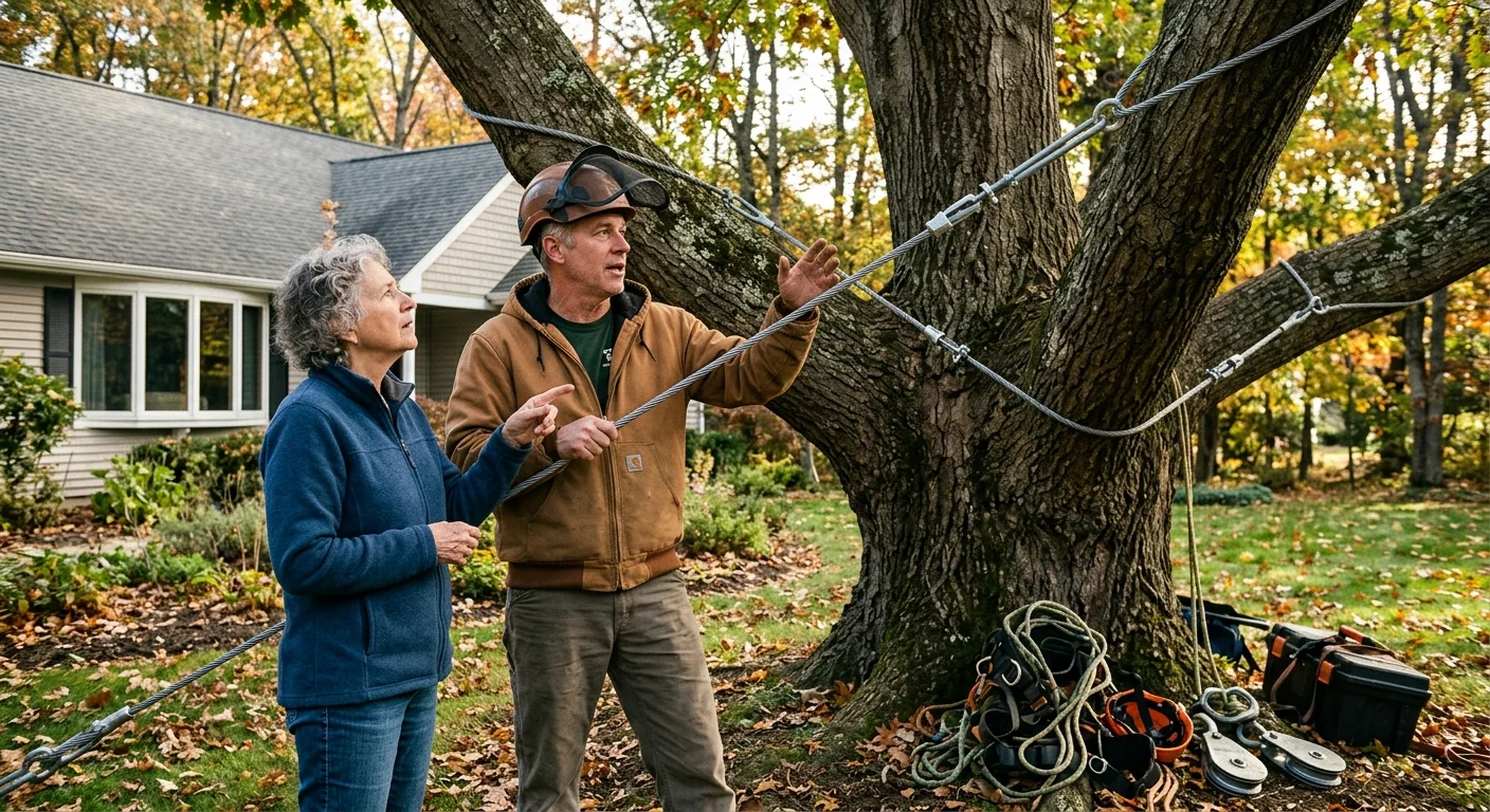 Arborist reviewing completed bracing installation with a homeowner during the final walkthrough