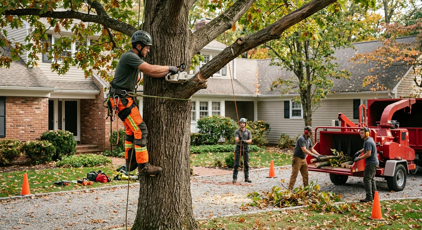 Arborist inspecting tree canopy health during a maintenance visit in Shelton