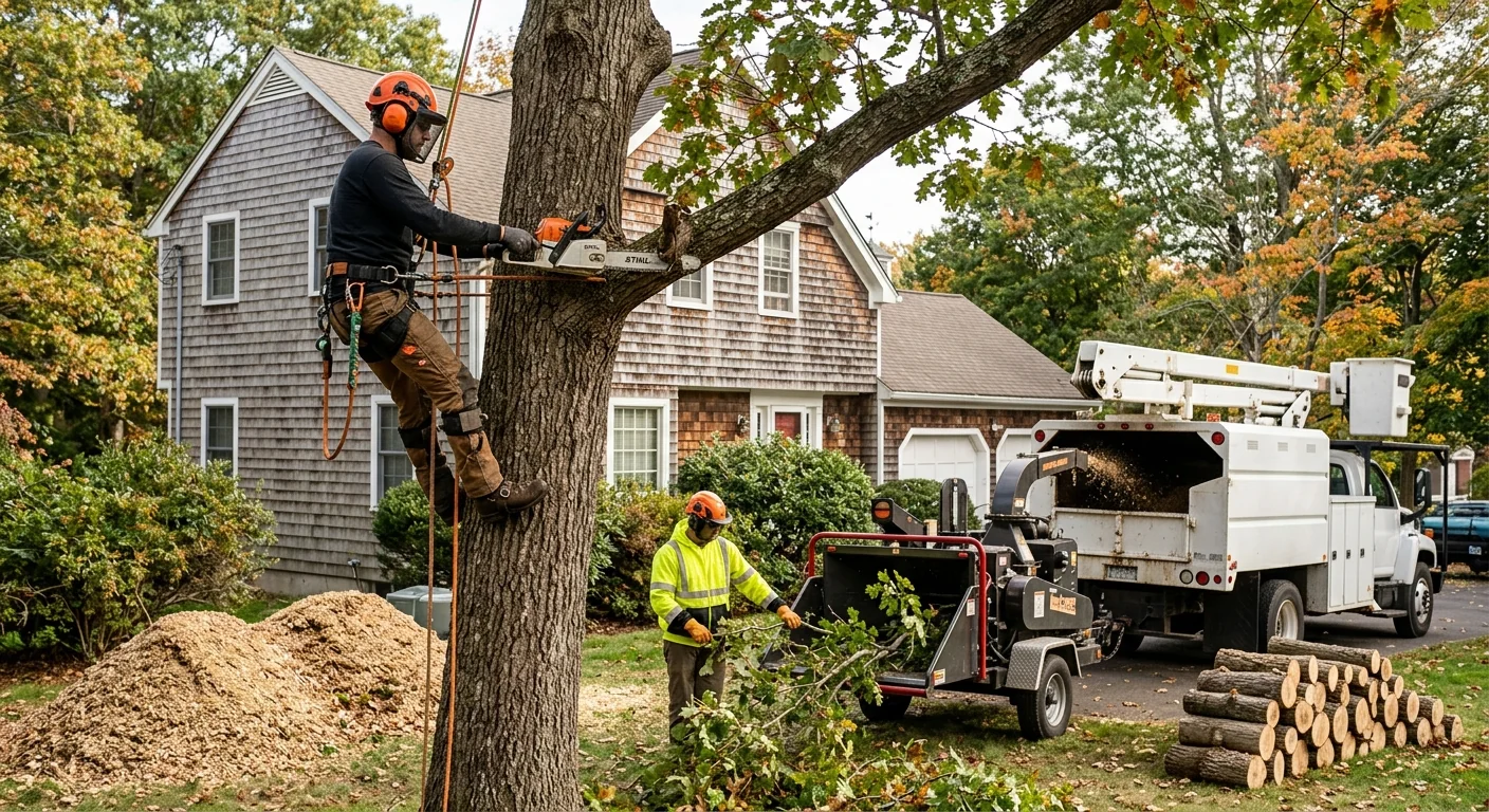 Certified arborist inspecting a mature tree canopy on a residential Shelton property
