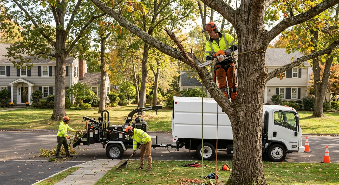 Arborist inspecting canopy health on a residential Shelton property with pruning tools