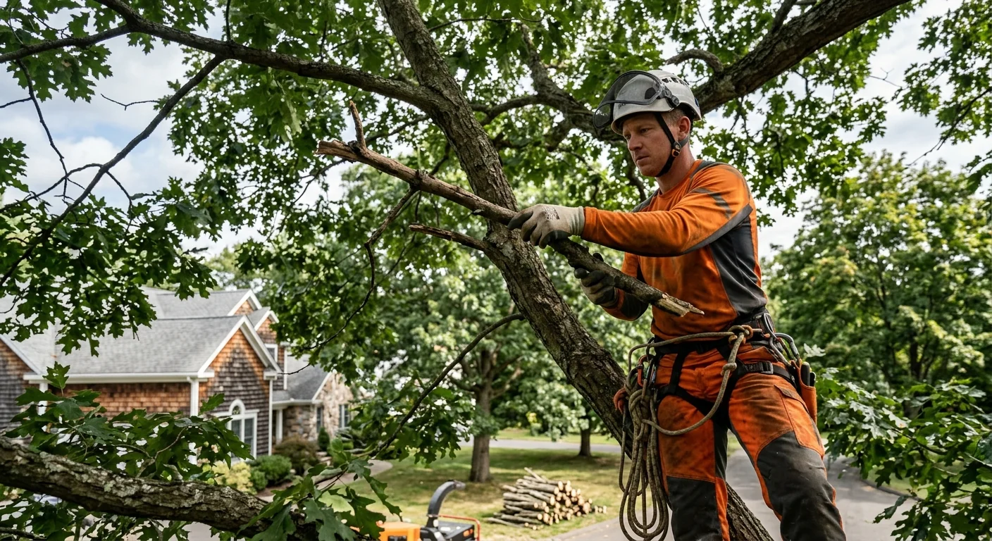 Arborist inspecting oak canopy for deadwood during health maintenance in Shelton