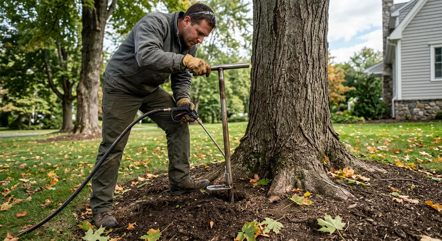 Close-up of deep-root fertilization probe treating soil beneath a mature maple