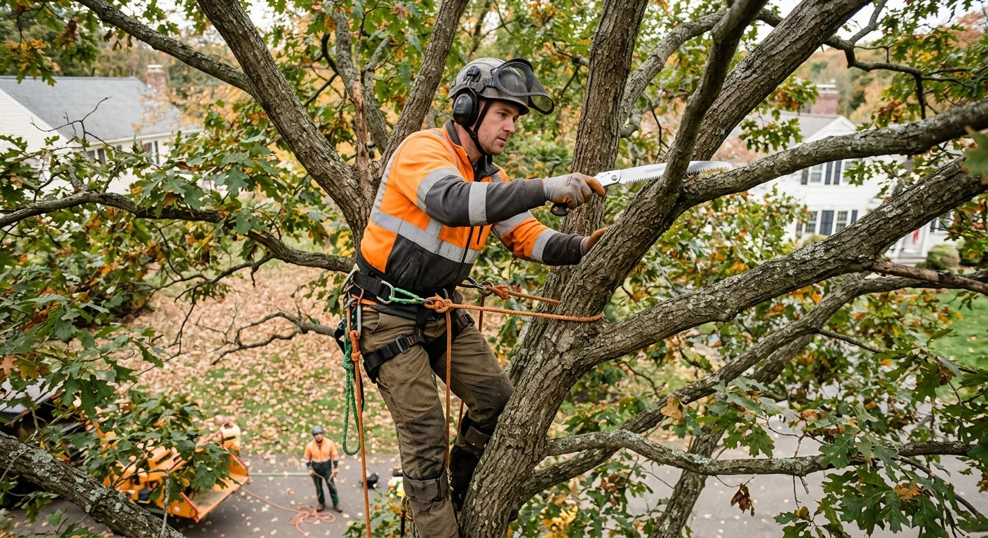 Climber performing crown thinning with hand saw high in a hardwood tree