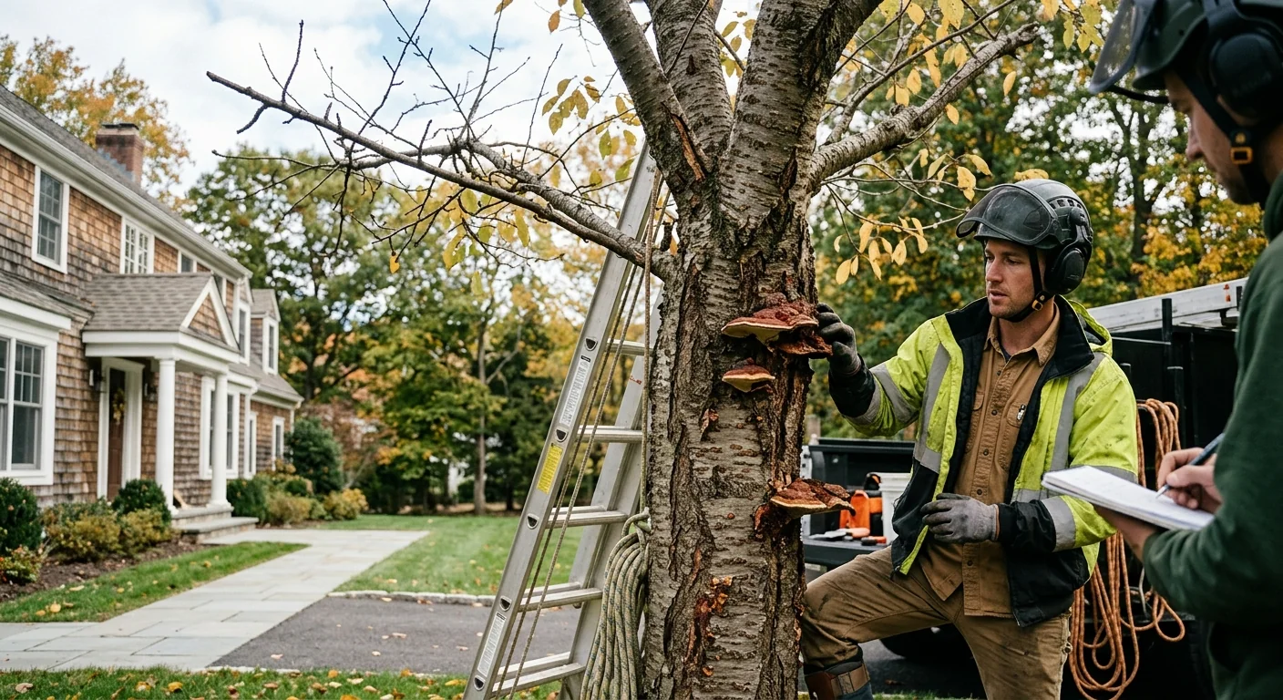 Before context showing declining branches and fungal signs on an ornamental tree