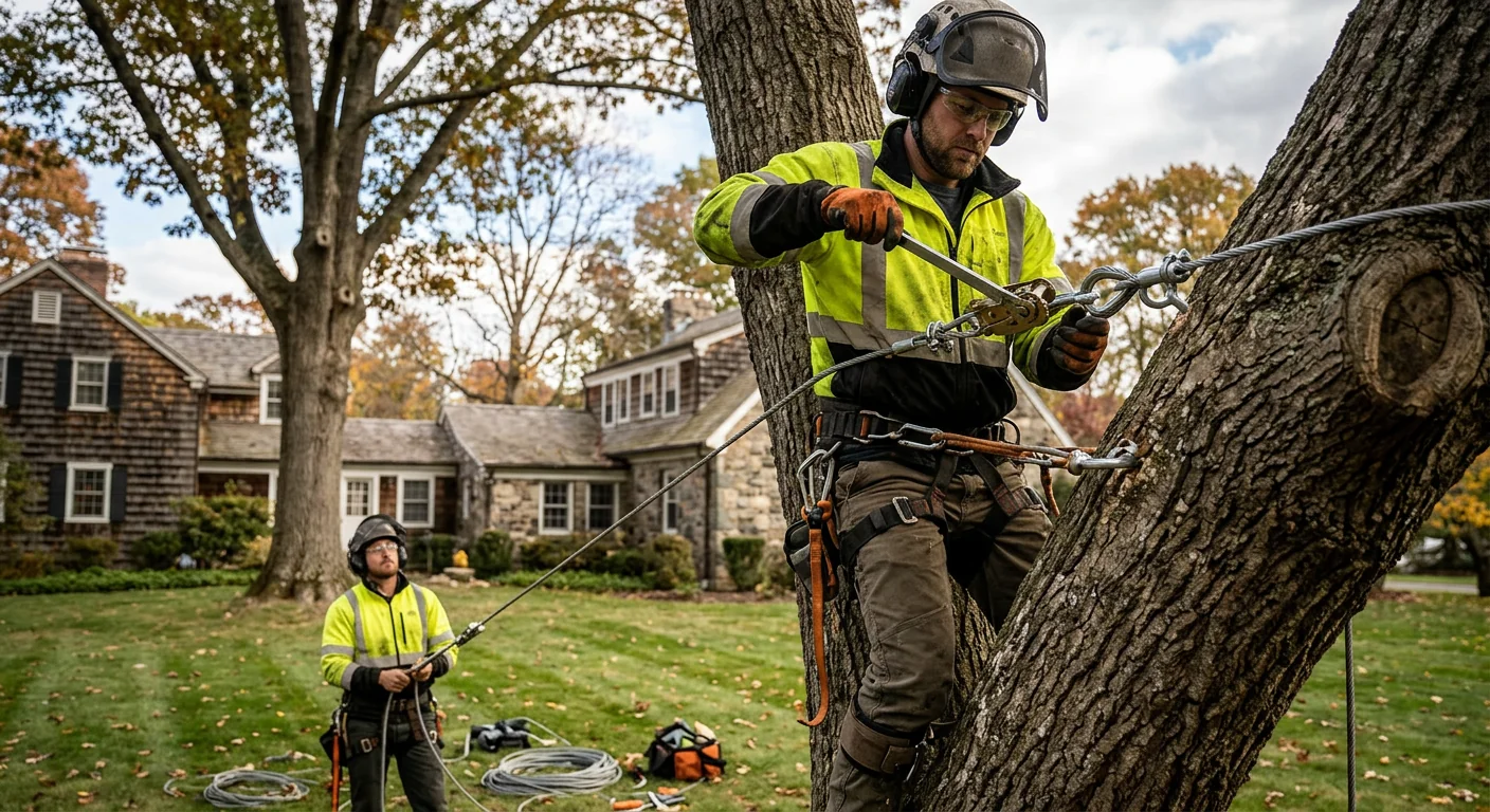 Cabling and bracing hardware installed to support a split-leader shade tree