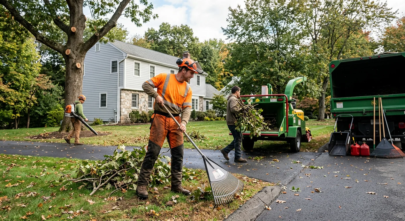 Ground crew clearing pruned limbs and tidying grounds after tree health service