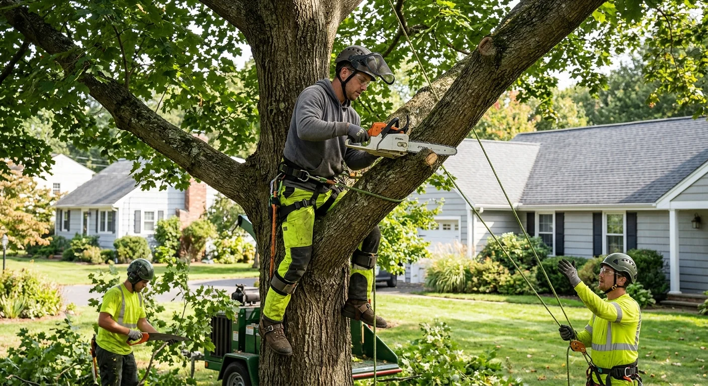 Certified arborist performing structural pruning on a mature shade tree