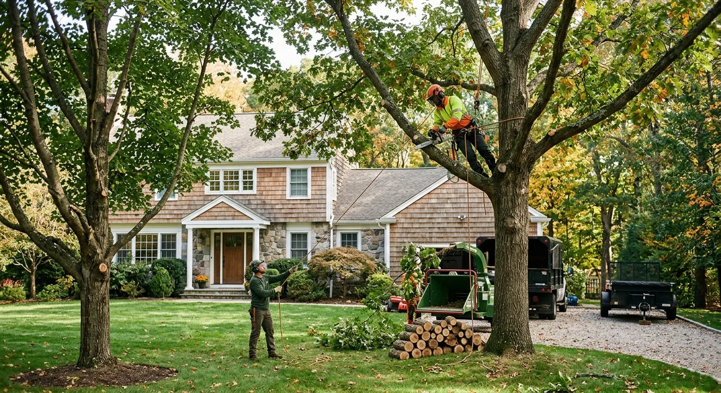 Healthy pruned trees framing a well-maintained residential yard in Shelton
