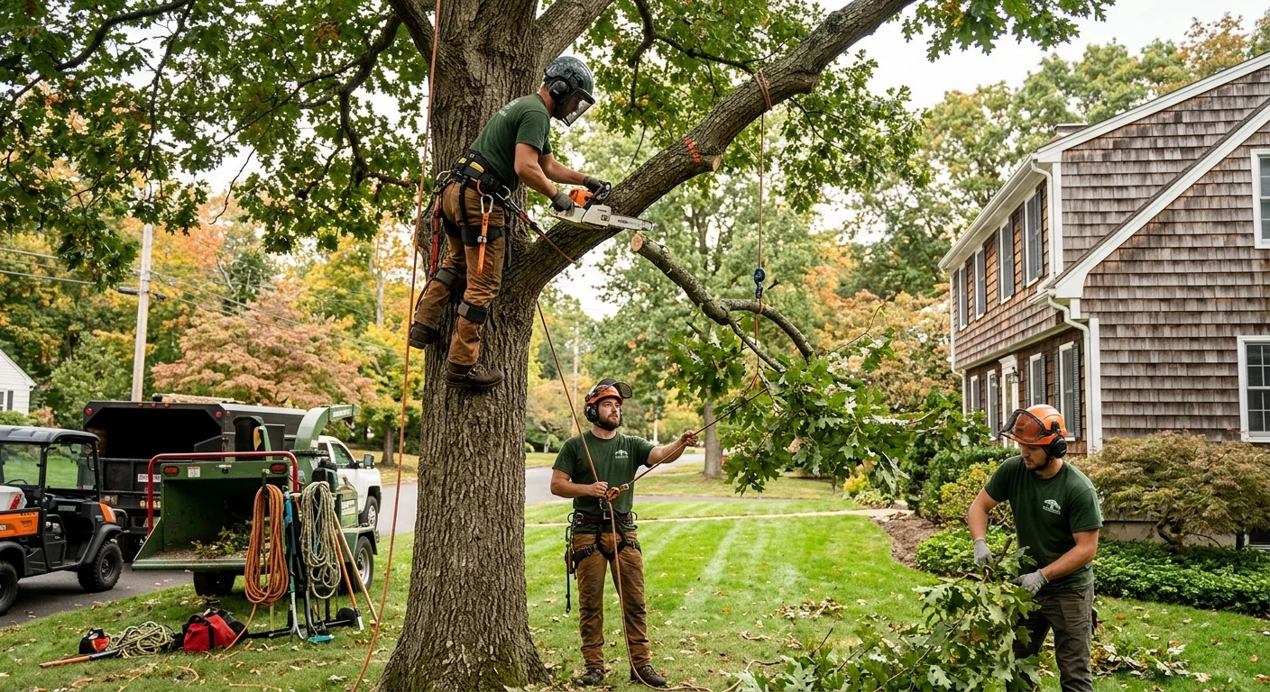 Arborist setting a young tree root ball into prepared soil on a Shelton property