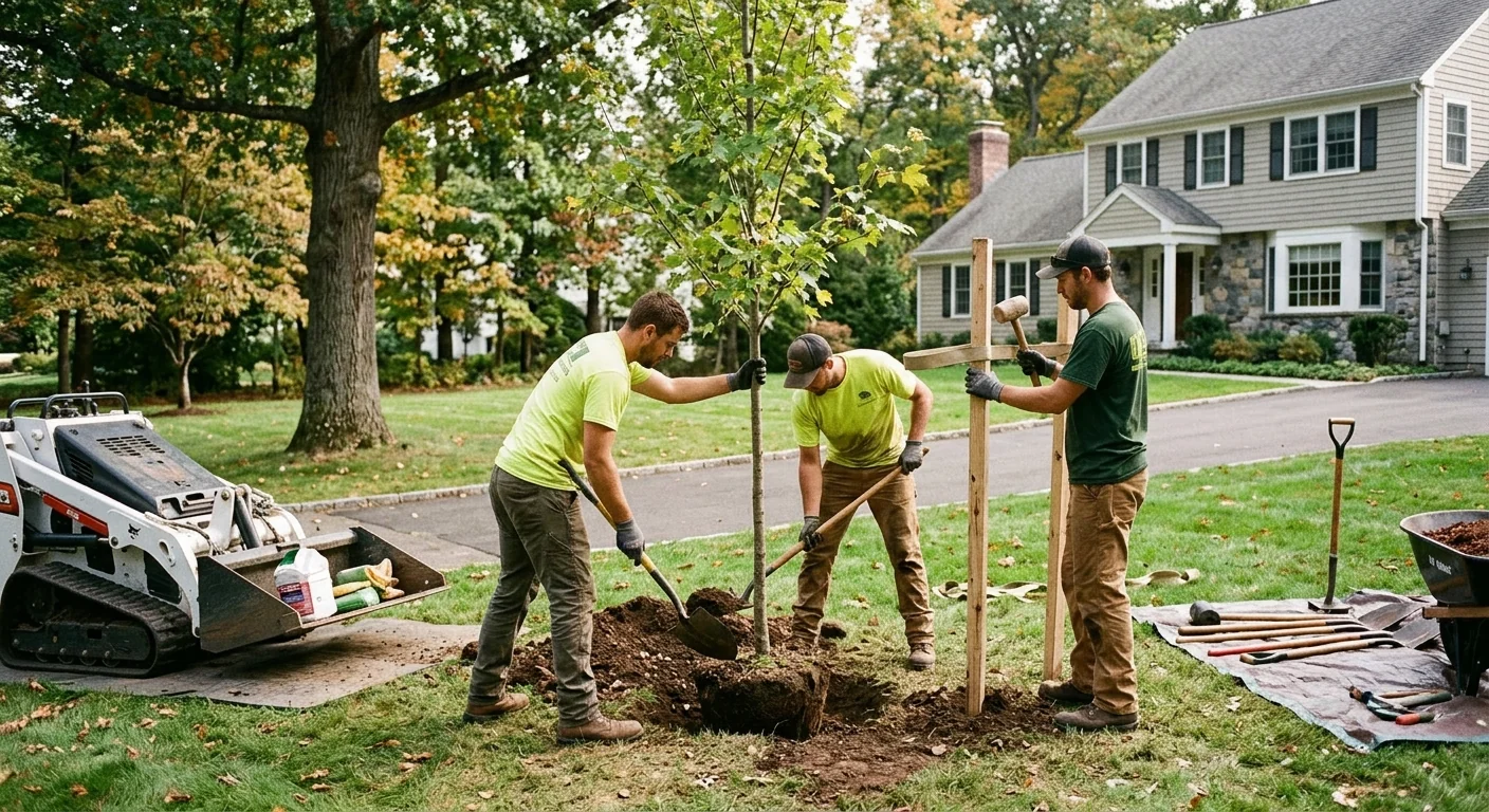 Crew positioning a young shade tree with staked support in a Shelton residential yard