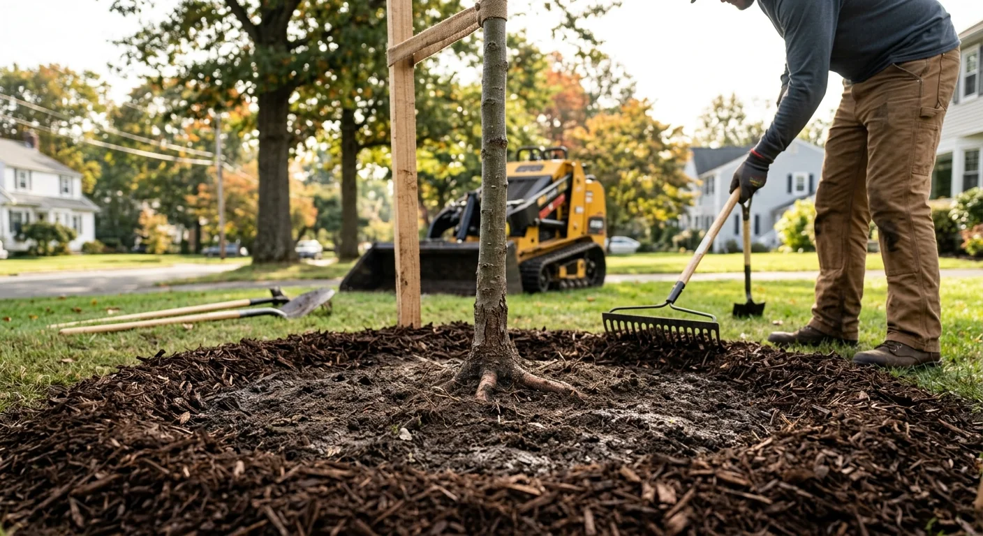 Close-up of a properly set root flare and mulch ring on a newly planted tree
