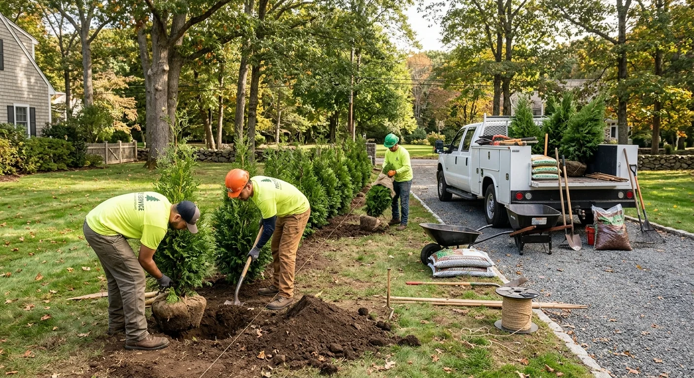 Screening row of young trees planted along a property boundary line