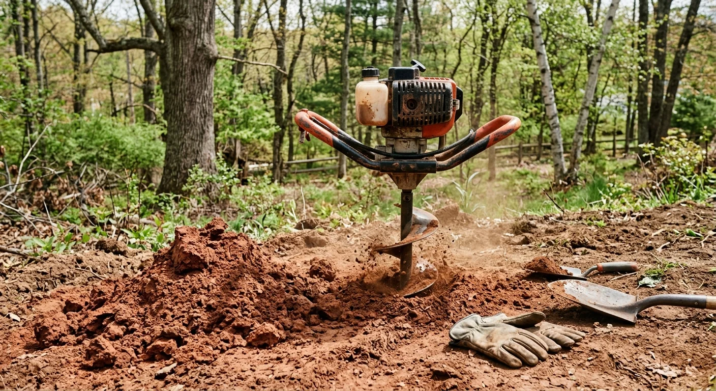 Auger digging a planting hole in clay soil before tree placement