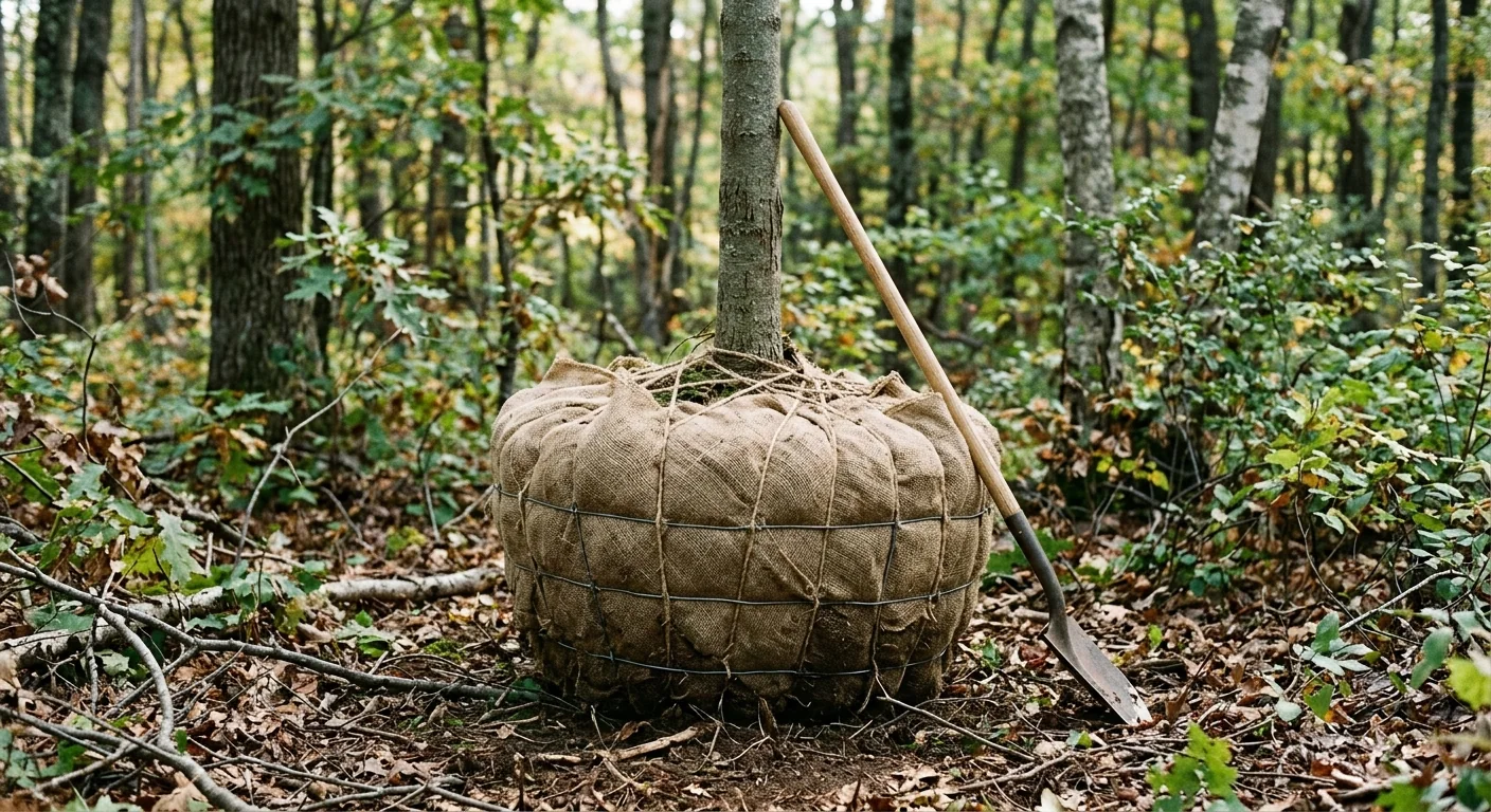 Balled and burlapped tree staged for planting on a wooded lot