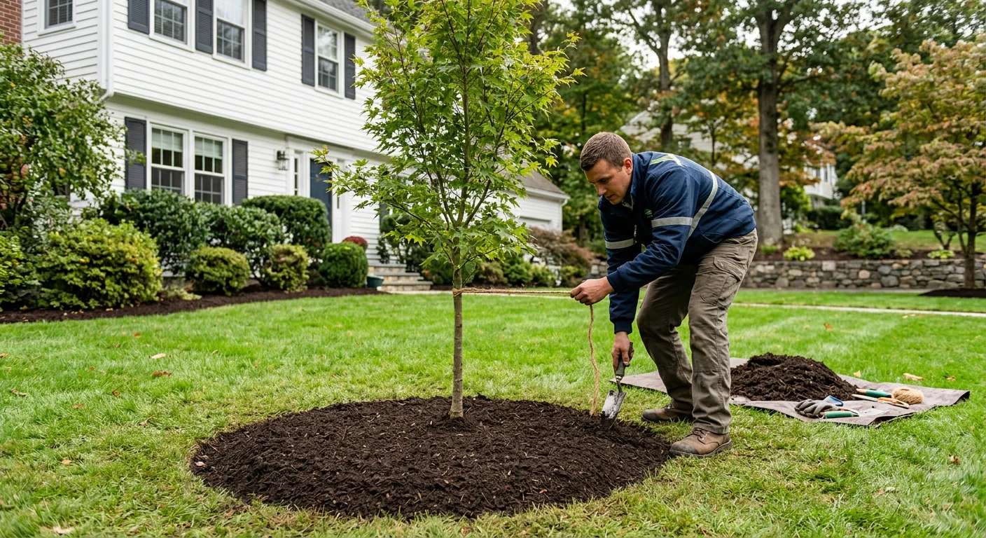 Finished front yard planting with young ornamental tree and clean mulch bed
