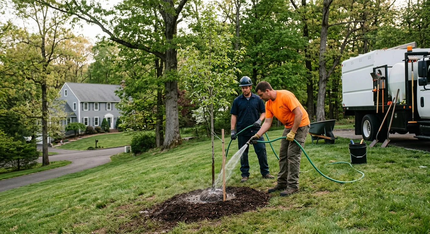 Crew watering a newly planted tree on a sloped Shelton property