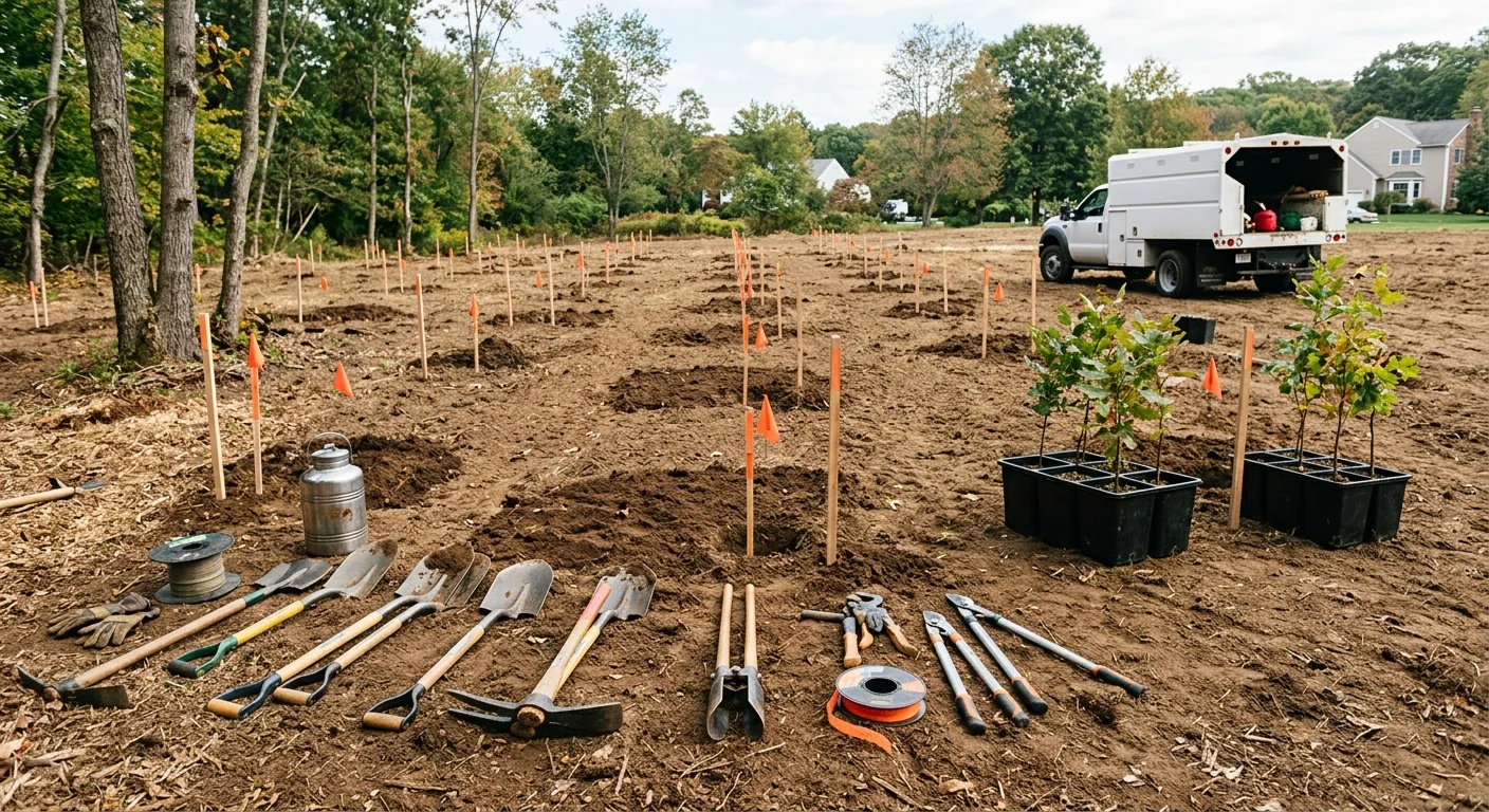 Before-context view of an open lot prepared for a new tree planting layout