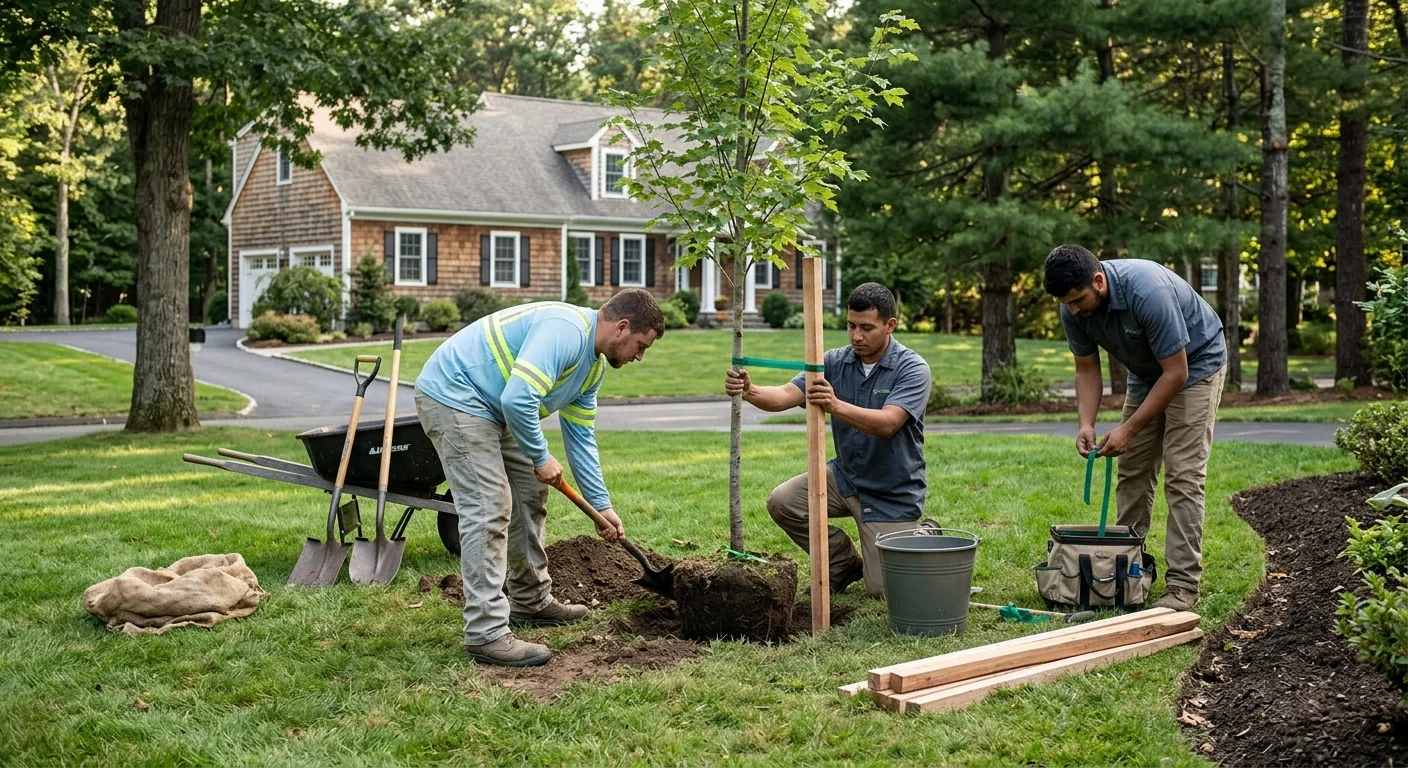 Crew planting and staking a new tree with careful spacing on a Shelton lawn