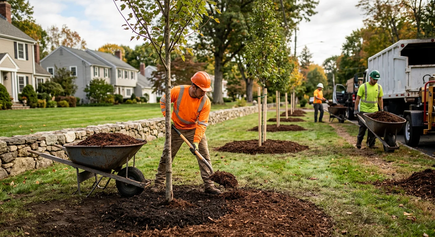 Freshly mulched young trees positioned along a residential property border in Shelton