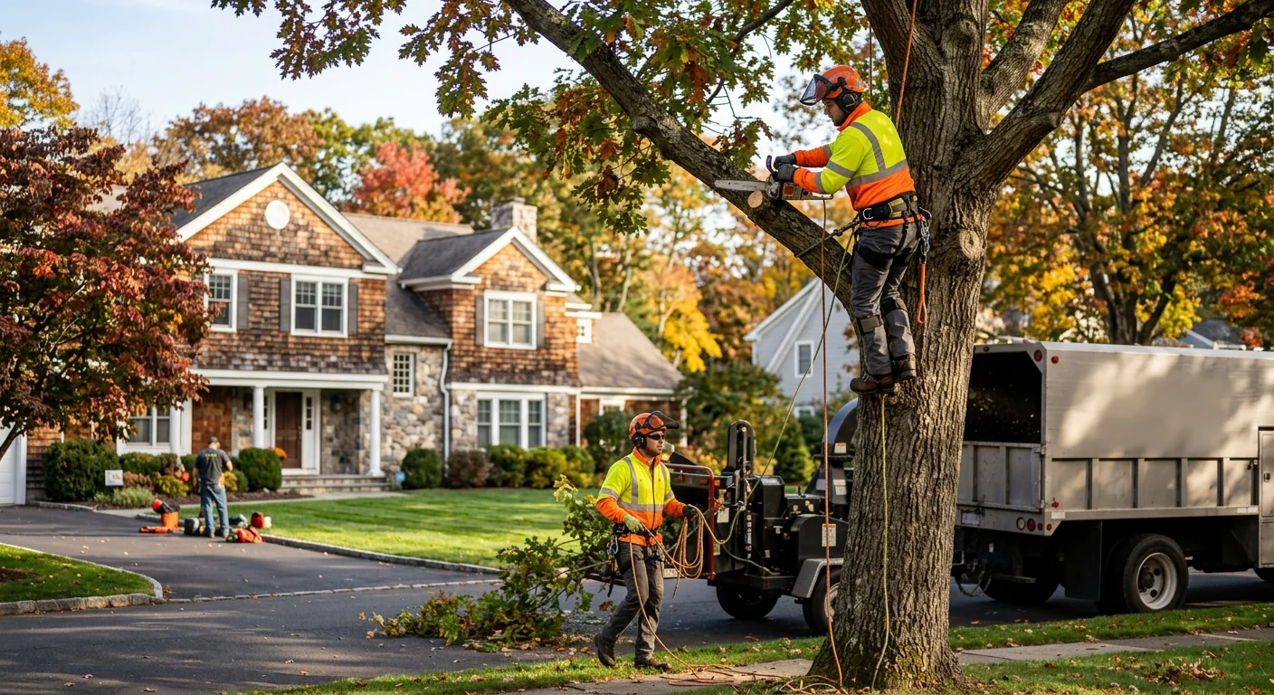 Arborist evaluating a mature tree canopy before pruning on a Shelton property
