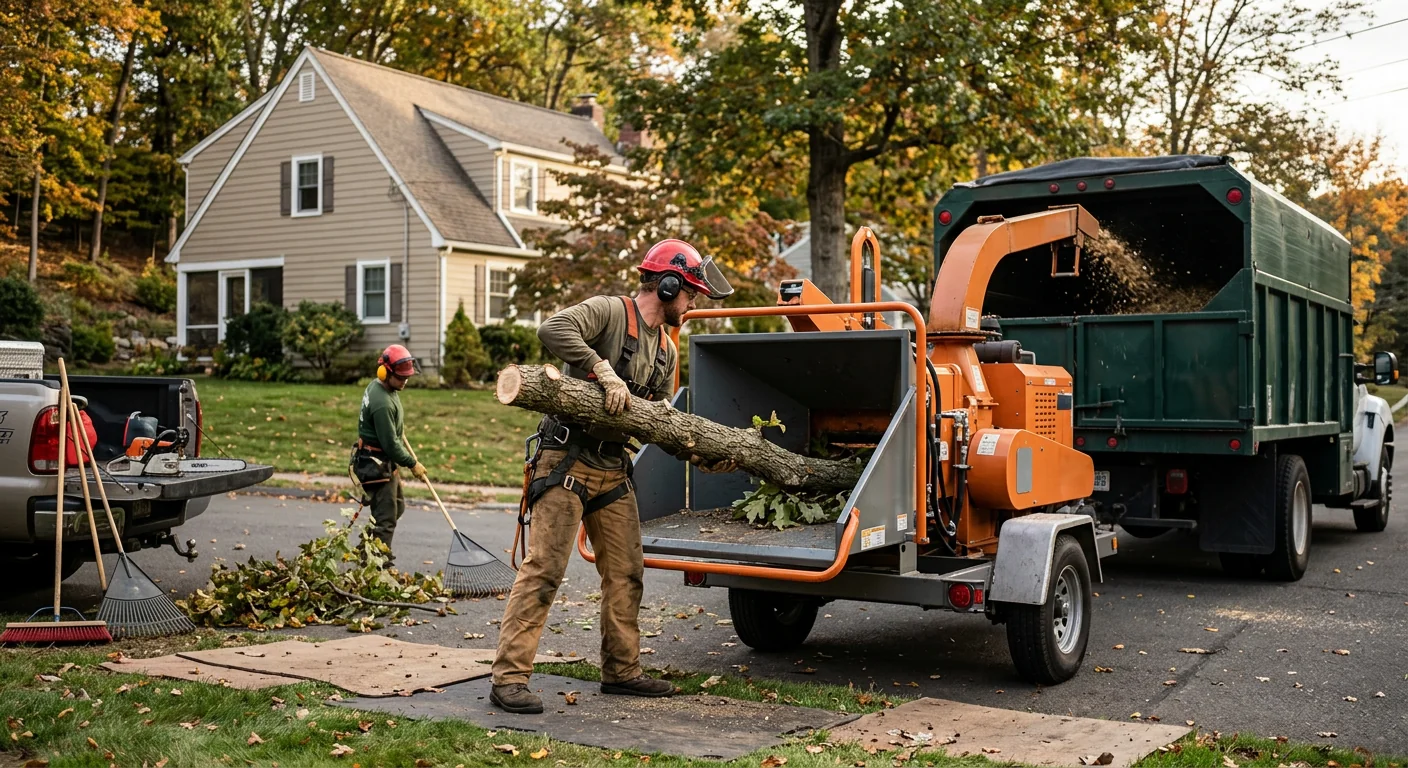 Arborist carefully pruning a mature shade tree in a Shelton residential yard