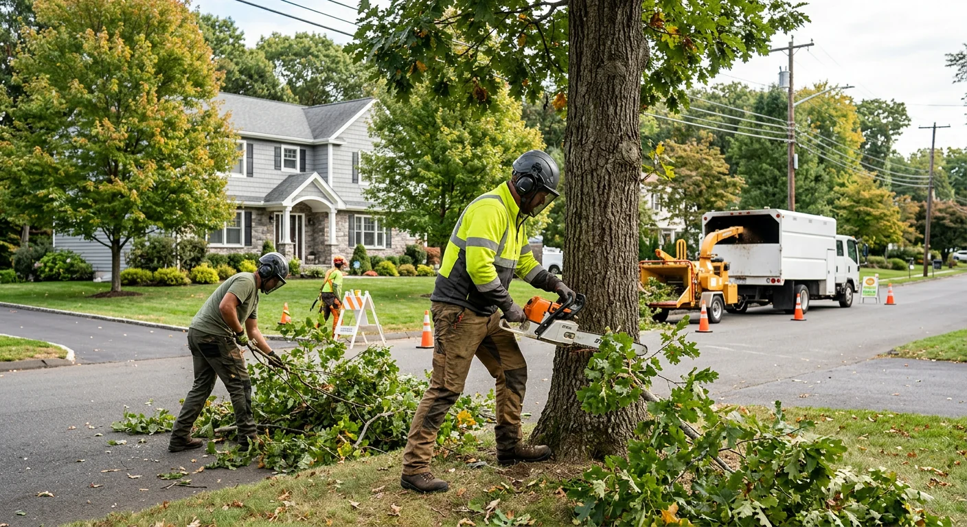 Arborist making a precise pruning cut on a mature shade tree in Shelton