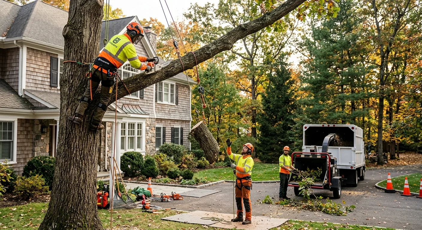 Overgrown tree canopy with deadwood and crossing limbs above a Shelton home