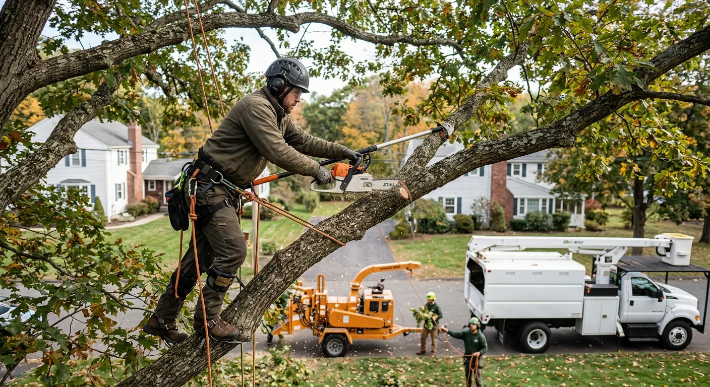 Arborist making a precise reduction cut on a mature oak canopy in Shelton