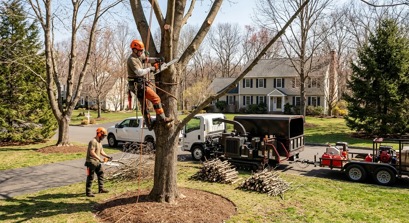 Wide view of a residential yard with freshly pruned maples and clear sightlines