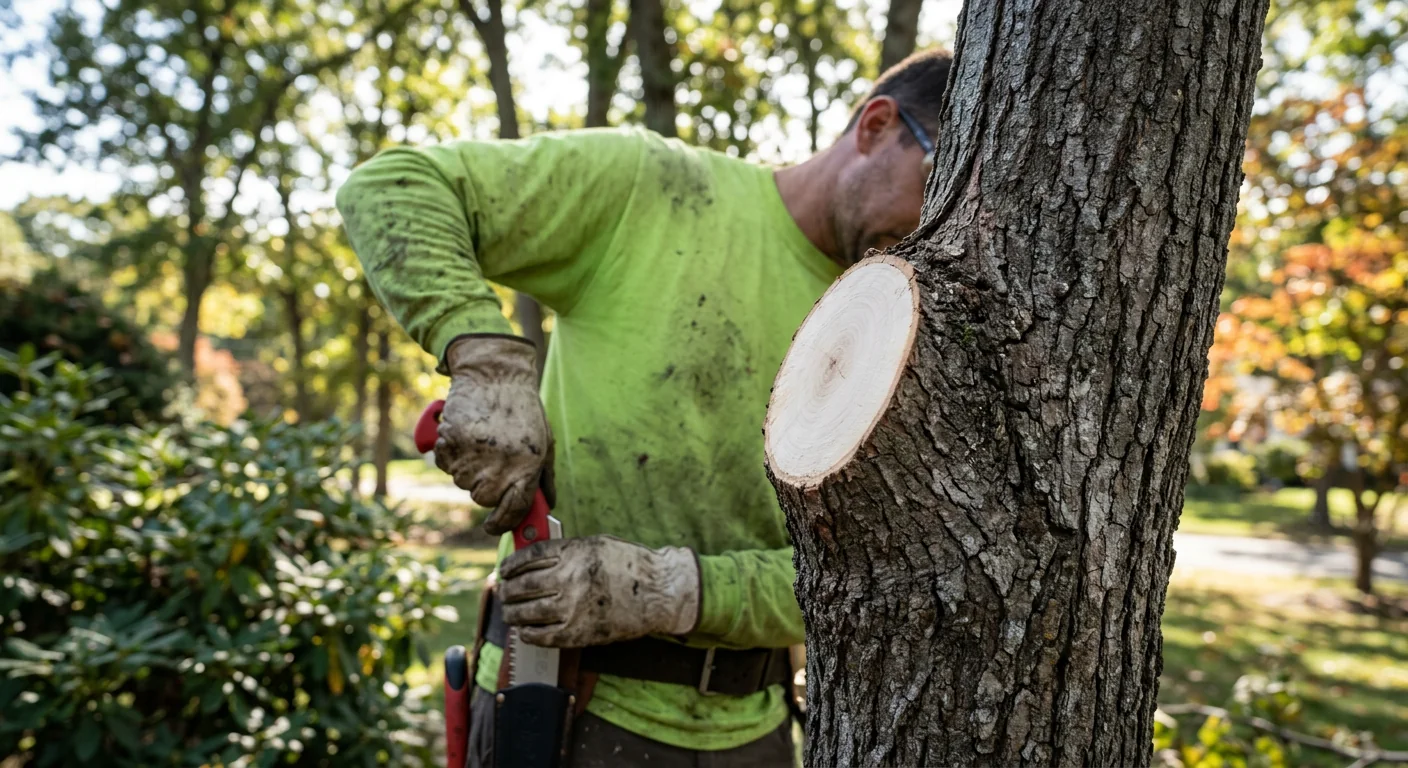 Close-up of a clean pruning cut at a branch collar on a hardwood limb